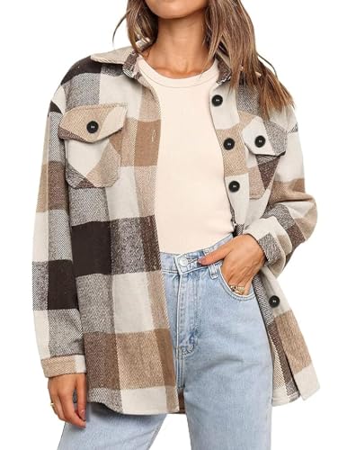 Zeagoo Karierte Jacke Damen Hemdjacke Knöpfen Herbst Winter Casual Oversized Mantel Warme Langarmshirt Bluse Khaki Braun XS von Zeagoo