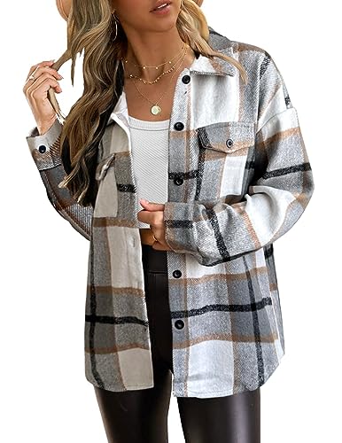 Zeagoo Karierte-Langarmjacke Damen Dicker Wollmischung Karierter Bluse Damen Button Down Langarm Shirt Hemd Bluse Loose Casual Hellgrau XXL von Zeagoo