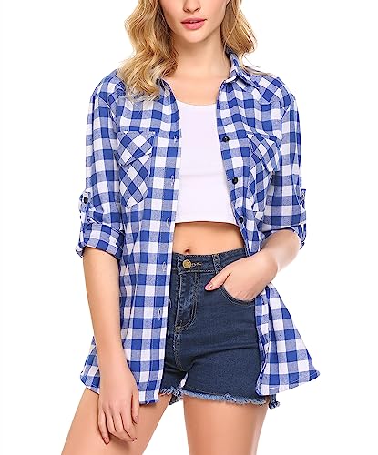 Zeagoo Karierte Hemd Damen Langarm Trachtenbluse Baumwolle Karohemd 3/4 Ärmeln Oktoberfest Hemdbluse V-Ausschnitt Bluse Holzfällerhemd Casual Oberteil mit Knopfleiste A-Hellblau XXL von Zeagoo