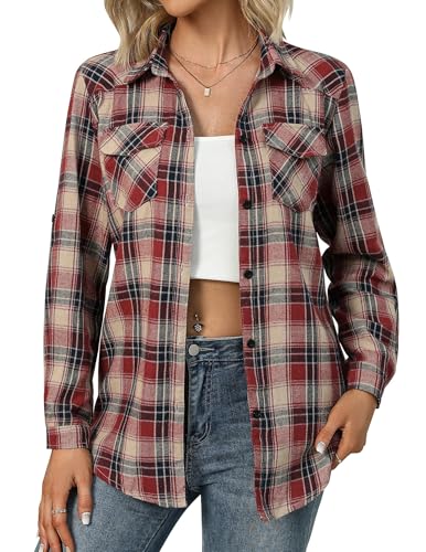 Zeagoo Karierte Hemden Damen Trachtenhemd Langarm Holzfällerhemd Bluse Knopfleiste V-Ausschnitt Trachtenbluse 3/4 Ärmeln Oktoberfest Hemdbluse Casual Karo Hemd Schwarz/Rot M von Zeagoo