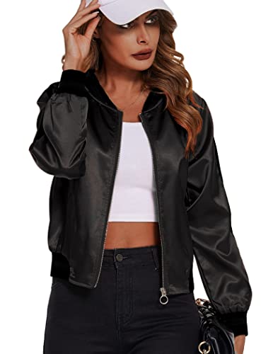 Zeagoo Klassische Bikerjacke für Damen, gestreift, mit Reißverschluss, modisch, Bomberjacke, Pure Black, Large von Zeagoo