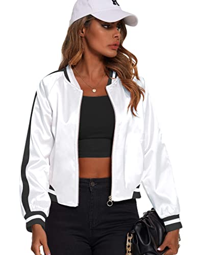 Zeagoo Klassische Bikerjacke für Damen, gestreift, mit Reißverschluss, modisch, Bomberjacke, Weiss/opulenter Garten, Small von Zeagoo