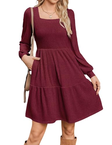 Zeagoo Kleid Damen A Linie Herbstkleid Langarm Elegante Kleider mit Taschen Puffärmel Dünnes Strickkleid Knielang Weinrot S von Zeagoo