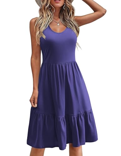Zeagoo Sommerkleider Damen Freizeit Kleider Sommer Midi Strandkleid Luftig Einfarbig Tunika Kleid mit Taschen Blau XL von Zeagoo