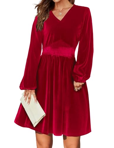 Zeagoo Damen Samtkleid Langarm Elegant Kleider Weich Einfarbige Winterkleid Laternenärmel A Linie Weihnachts Partykleid Freizeitkleid Rot L von Zeagoo