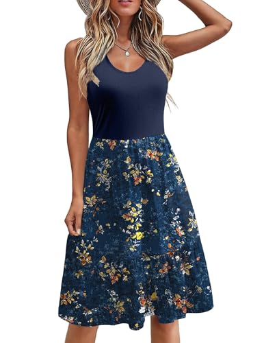 Zeagoo Kleider Damen Sommer Kurz A-Linien Kleid Locker Blumen Freizeitkleid Ärmellos Sommerkleid Trägerkleid Dunkelblau XXL von Zeagoo