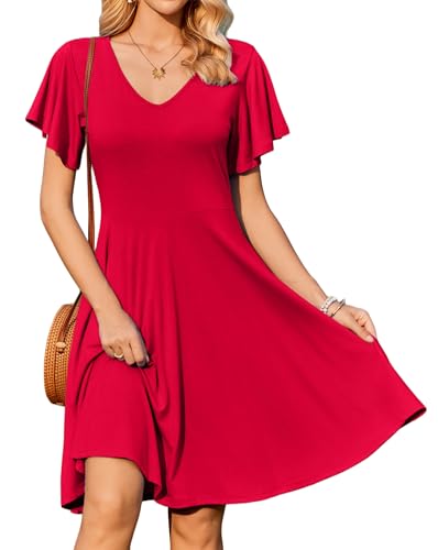 Zeagoo Kleid Damen Elegant Sommerkleider Knielang Freizeit Kleider V-Ausschnitt Strandkleid Lose Swing A-Linie Kleid Casual Blusenkleid Rot S von Zeagoo