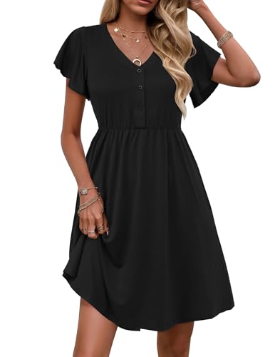 Zeagoo Kleid Damen Elegant V Ausschnitt Sommerkleid Kurzerm A-Linie Rüschenärmel Minikleid Hohe Taille Tunika Kleider mit Tasche Schwarz L von Zeagoo