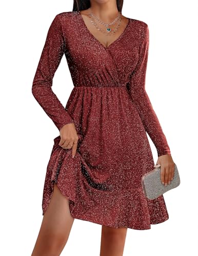 Zeagoo Kleid Damen Festlich Paillettenkleid Langarm V-Ausschnitt Rüschensaum Glitzerkleid Sparkly MidiKleid Cocktailkleid Winterkleid Rotwein XL von Zeagoo