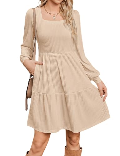 Zeagoo Herbstkleid Damen Langarm Kleid Elegantes Strickkleid mit Taschen Knielange Kleider A Linie Puffärmel für Herbst Winter Beige M von Zeagoo