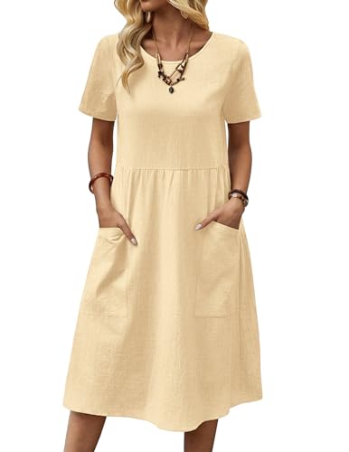 Zeagoo Sommerkleid Damen Leinen Casual Kleid Baumwolle Kleider Sommer Rundhals Strandkleid Kurzarm Tunika Kleid mit Taschen Beige XL von Zeagoo