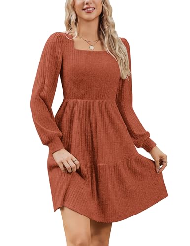 Zeagoo Kleid Damen Langarm A Linie Puff Herbstkleid Knielang Strickkleid mit Karree Ausschnitt Kleider Schick Freizeitkleid mit Taschen Karamell XXL von Zeagoo