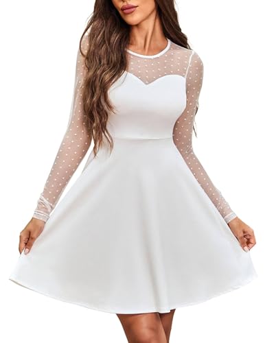 Zeagoo Kleid Damen Langarm Elegant Spitzenkleid Knielang Hohe Taille Cocktailkleid Herbst Winter Freizeitkleider Partykleid mit Spitzen Ärmeln Reinweiß L von Zeagoo