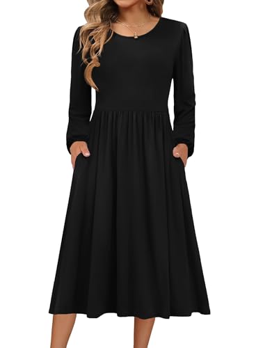 Zeagoo Kleid Damen Langarm Herbstkleid Rundhals Strickkleid Midi Herbst Kleider A-Linie Pulloverkleid Elegant Tunikakleid mit Taschen Schwarz XXL von Zeagoo