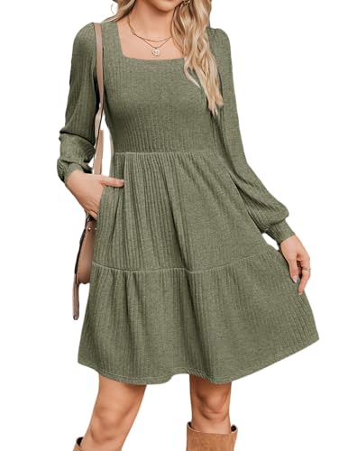 Zeagoo Kleid Damen Langarm Herbstkleid A Linie Elegantes Strickkleid Kleider Knielang mit Taschen Puffärmel für Herbst Winter Armeegrün M von Zeagoo