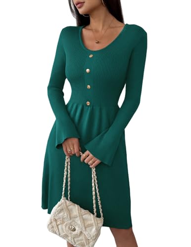 Zeagoo Kleid Damen Langarm Strickkleid Knielang Midikleid V-Ausschnitt Pulloverkleid Herbst Winter Grün L von Zeagoo