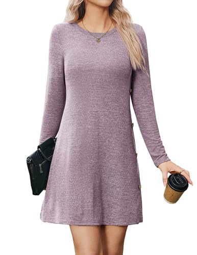 Zeagoo Kleid Damen Langarmkleid Casual Rundhals Strickkleid Einfarbig Knielang Herbst Kleider Leichte Tunikakleid mit Knöpfe Mauve L von Zeagoo