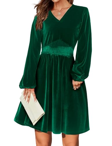 Zeagoo Kleider Damen Herbst Winter Samtkleid Langarm Elegant Freizeitkleider V-Ausschnitt Hohe Taille Weihnachtskleid Dunkelgrün XXL von Zeagoo