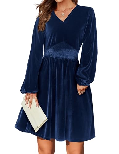 Zeagoo Kleid Damen Winter Langarm Kleider Elegant A Linie Samtkleid V Ausschnitt Freizeitkleid Casual Hohe Taille Midikleid Navy blau XXL von Zeagoo