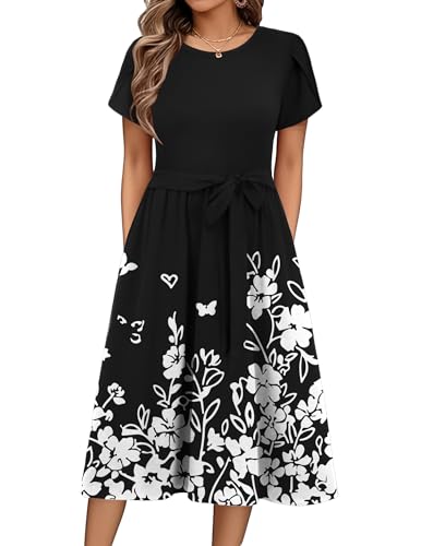 Zeagoo Kleid Damen Sommer Elegant Floral Kleid Damen Rundhals Strandkleid Kurzarm Swing A Linie Blusenkleid Casual Knielang Kleider mit Gürtel FloralG M von Zeagoo