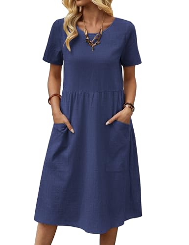 Zeagoo Damen Kleider Sommer Baumwolle Strandkleid Einfarbig Rundhals Midikleid Kurzarm Kleid mit Taschen Navy Blau S von Zeagoo