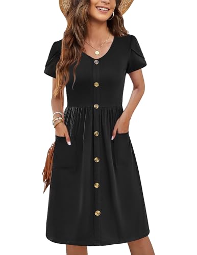 Zeagoo Kleider Damen Sommer Einfarbig V-Ausschnitt Freizeitkleid Elegant Kurzarm Strandkleider Locker Knopfleiste Knielang Shirtkleid Schwarz S Zeagoo Kleider Damen Sommer Einfarbig V-Ausschnitt Freizeitkleid Elegant Kurzarm Strandkleider Locker Knopfleiste Knielang Shirtkleid Schwarz S von Zeagoo