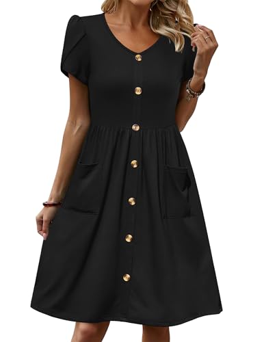 Zeagoo Kleider Damen Sommer Einfarbig V-Ausschnitt Freizeitkleid Elegant Kurzarm Strandkleider Locker Knopfleiste Knielang Shirtkleid Schwarz S von Zeagoo
