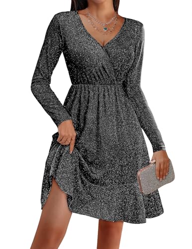 Zeagoo Kleid Damen V-Ausschnitt Glitzerkleid Elegant Langarm Cocktailkleid Festlich Partykleider Knielang Abendkleider Winterkleid SchwarzA XXL von Zeagoo