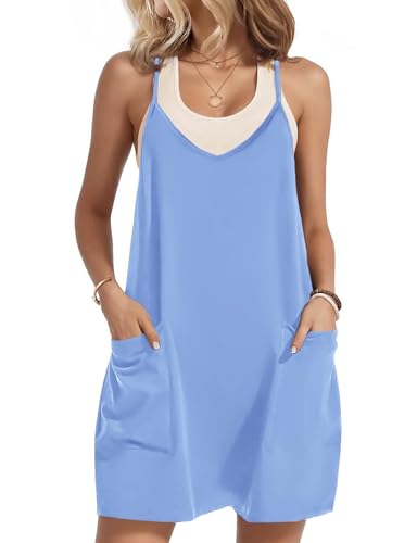 Zeagoo Damen Latzrock V-Ausschnitt Knielang Latzkleid Sommer Solid Freizeitkleid Lässig Spaghetti Overall Kleider mit Taschen Hellblau M von Zeagoo