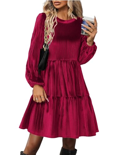 Zeagoo Kleid Damen Winter Laternenärmel A Linie Kleider Einfarbig Rundhals Weihnachten Langarmkleider Festliche Knielang Herbstkleid Weinrot L von Zeagoo