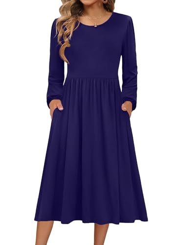 Zeagoo Kleid Langarm Damen Herbstkleid Rundhals Kleider Elegant Pulloverkleid Mit Taschen Midi Tunikakleid Wickelkleid für Herbst Winter Marineblau S von Zeagoo