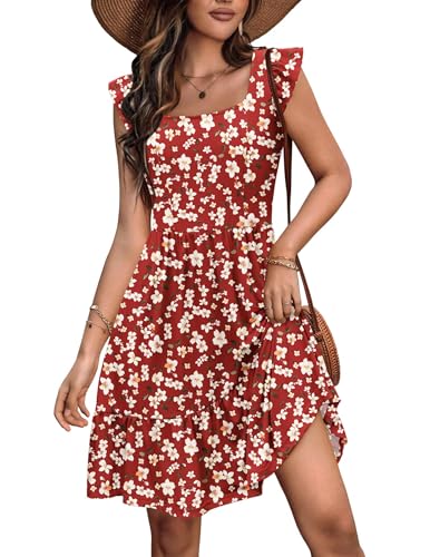 Zeagoo Kleid Sommer Damen Quadratischer Ausschnitt Sommerkleider Rüschenärmel Strandkleid Knielang Schulterfreies Kleider Boho Kleider Mit Taschen Rot Blumen L von Zeagoo