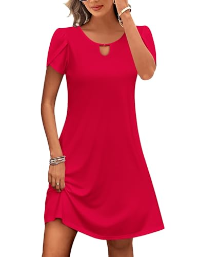 Zeagoo Kleid Sommer Damen Rundhals Kurzarm Luftige Sommerkleider Strand Tunika Kleid mit Taschen Rot M von Zeagoo