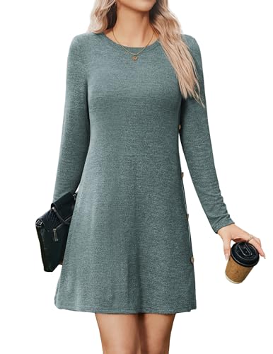 Zeagoo Kleider Damen Casual Strickkleid Langarm Herbst Winter Kleid Knielang Tunikakleid Einfarbig Rundhals Kleider Dunkelgrün XXL von Zeagoo