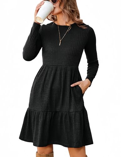 Zeagoo Kleid Herbst Damen Schwarz Elegant Langarm Rundhals Herbstkleid Knielang Pulloverkleid mit Taschen Casual Dünn Kleider Schwarz L von Zeagoo