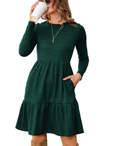 Zeagoo Damen Herbstkleider Langarm Rundhals Pulloverkleid Herbst Winter Elegant Midi Kleid Knielang A Linien Kleider mit Taschen Grün XL von Zeagoo