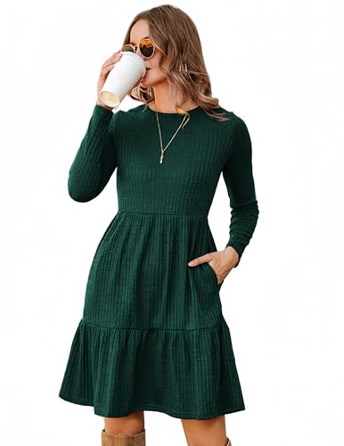 Zeagoo Kleider Damen Frühling Herbst Elegant Rundhals Strickkleid Modisch Pulloverkleid Dünn Einfarbig Langarm Herbstkleid A Linien Kleid Grün XL von Zeagoo