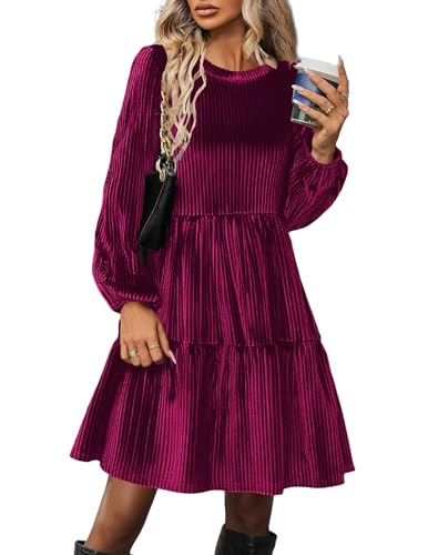 Zeagoo Kleid Damen Winter Kurz Langarm Laternenärmel Casual Kleider Elastischer Hoher Taille Herbstkleid Vintage Velvet Kleid Purpie XL von Zeagoo