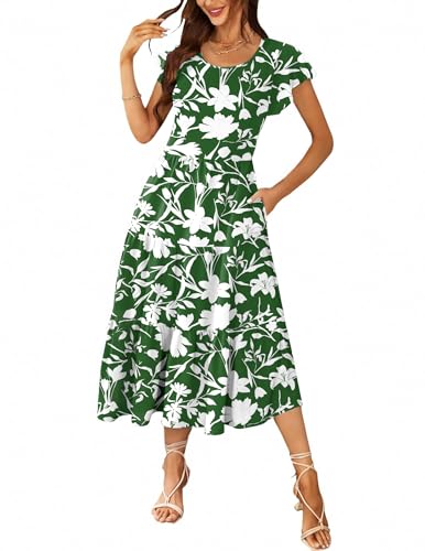Zeagoo Damen Sommerkleid Casual Lang Maxikleid Sommer Strandkleid Elegant Rüschen Ärmel Kleid A-Linie Midikleider mit Taschen Grün Weiße Blume M von Zeagoo