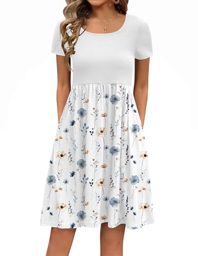 Zeagoo Sommerkleider Damen Blumenkleid Sommer Knielang Strandkleid Elegant Rundhals Ausschnitt Casual Kurzarm Tshirt Kleid Freizeit Kleider mit Taschen Weiße Blumen L von Zeagoo