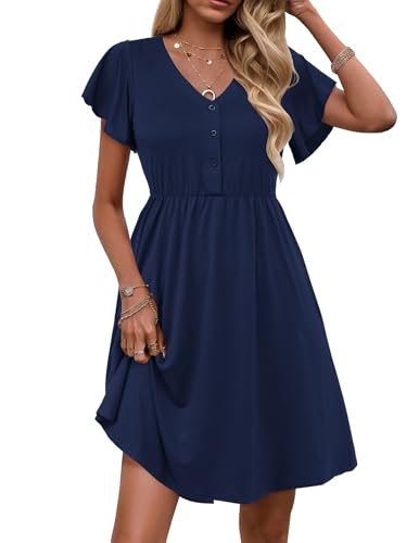Zeagoo Kleider Damen Kurzarm V-Ausschnitt Sommerkleid Tunika Kleid Elegant Swing Minikleid Freizeitkleid Marineblau S von Zeagoo