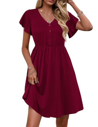 Zeagoo Kleider Damen Kurzarm V-Ausschnitt Sommerkleid Tunika Kleid Elegant Swing Minikleid Freizeitkleid mit Tasche Rotwein S von Zeagoo