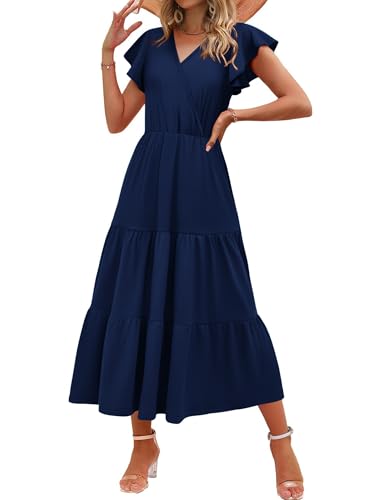 Zeagoo Damen Kleid Lang Sommer Maxikleider V-Ausschnitt A-Linie Midikleider Einfarbig Rüschenärmel Freizeitkleider Elastisches Hohe Taille Tunika Kleider Marineblau L von Zeagoo
