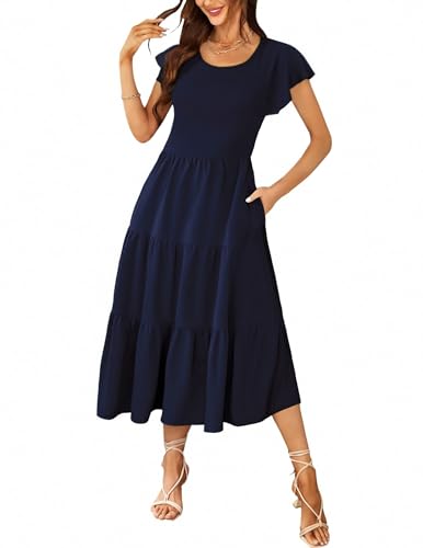 Zeagoo Sommerkleid Damen Kurzarm Maxikleid Casual Rundhals Strandkleider Lose A-Linie Kleid Einfarbig Freizeitkleid mit Taschen Marineblau S von Zeagoo