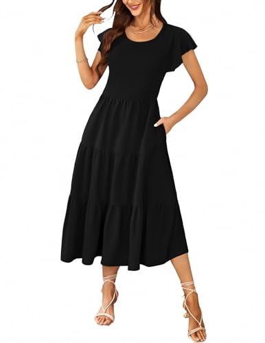 Zeagoo Damen Kleider Lose Sommerkleid Lang Maxikleid Casual Rundhals Strandkleid Elegant Freizeitkleid mit Taschen Schwarz M von Zeagoo