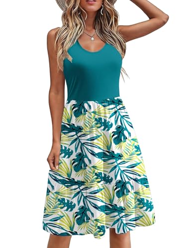 Zeagoo Sommerkleid Damen Ärmellos Casual Loose Fit Kleid Rundhals Blumendruck Strandkleid Midi Tunika Kleider Grün M von Zeagoo