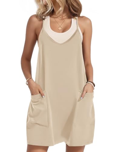 Zeagoo Latzkleider Damen Ärmellos V Ausschnitt Latzrock Sommer Mini Freizeitkleider Casual Kurz Strandkleid Overallklerider Hellkhaki XL von Zeagoo
