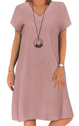 Zeagoo Kleider Damen Sommerkleid Kleid Leinen Knielang Kurzarm Damenkleider V Ausschnitt Shirtkleider Casual mit Taschen Leinenkleid A-Linie Midikleid Locker Rosa Mtd von Zeagoo