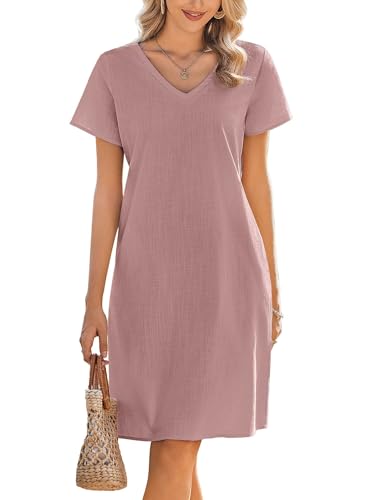 Zeagoo Sommerkleid Damen Kleider 100% Baumwolle Strandkleid Knielang Kurzarm Kleider V Ausschnitt Shirtkleider Casual mit Taschen A-Linie Freizeit Kleid Hemd Einfarbig Rosa XXL von Zeagoo