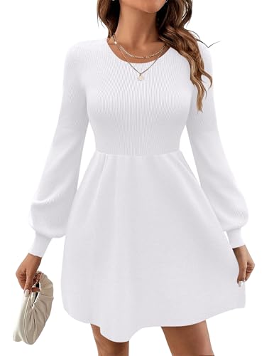 Zeagoo Strickkleid Damen Herbst Langram Kleid Casual Rundhals Hoch Taille Pulloverkleid Elegant A-Linie Minikleid Winter Einfarbig Kleider Weiß S von Zeagoo